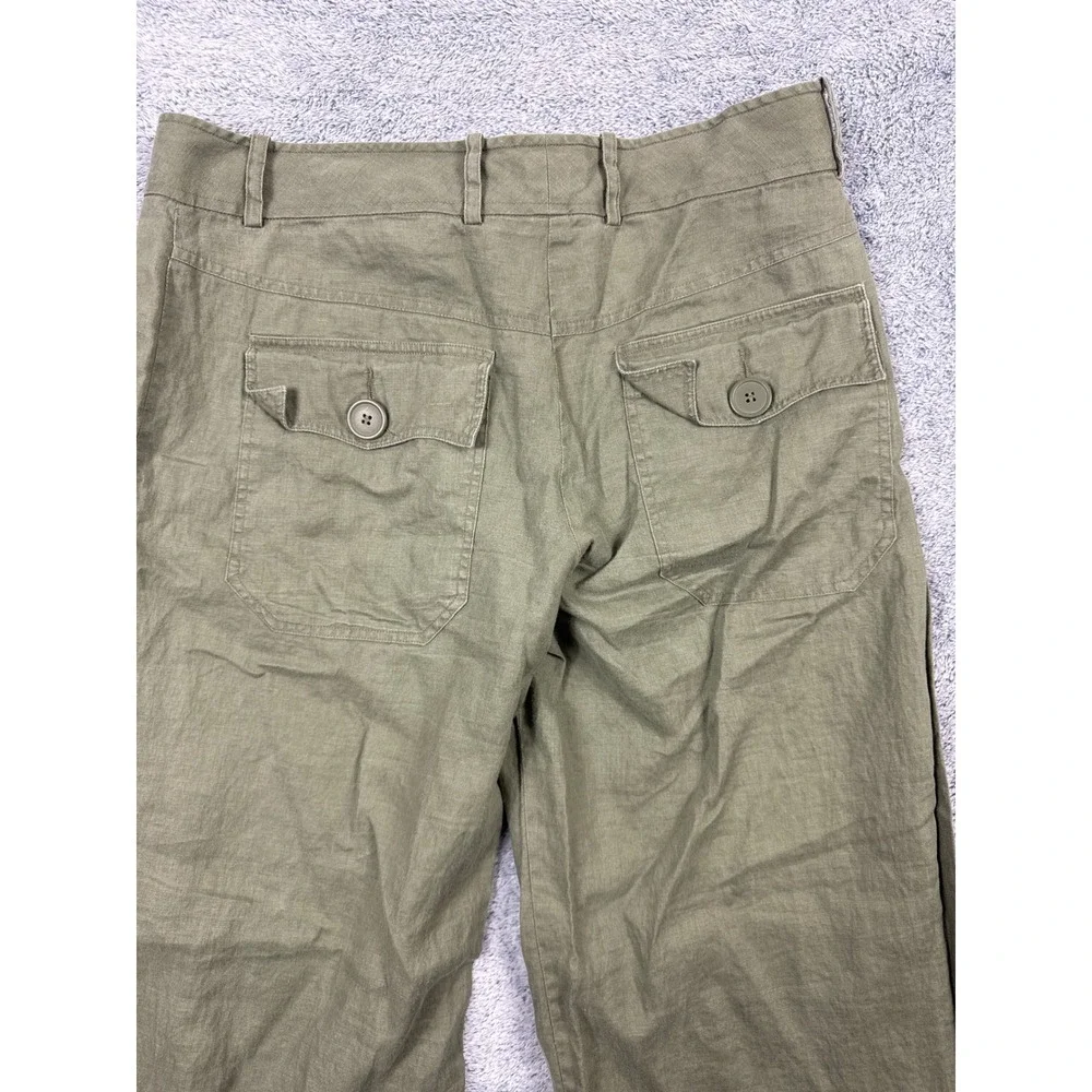 H&M Womens 10 Green Linen Wide Leg Pants Mid Rise Utility Pockets Casual Summer
